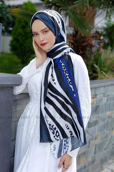 Emel - Navy Blue & White Patterned Hijab - Sal Evi