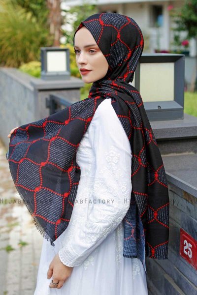 Tutku - Red & Black Patterned Hijab - Sal Evi
