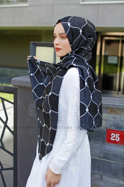 Tutku - Navy Blue & White Patterned Hijab - Sal Evi