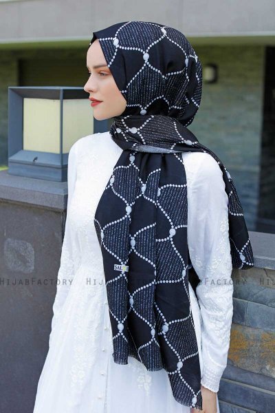 Tutku - Navy Blue & White Patterned Hijab - Sal Evi