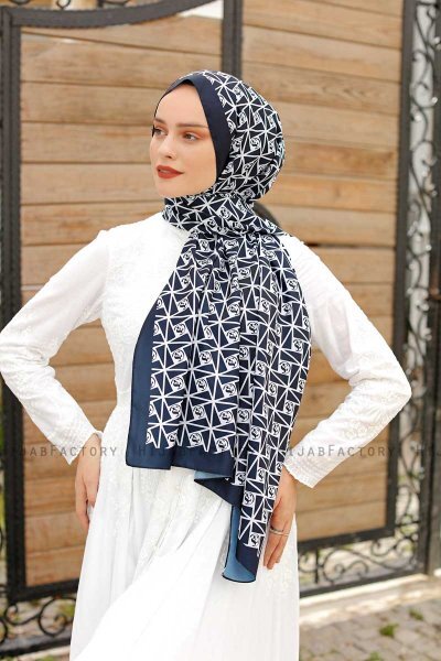 Navy Blue Patterned Twill Hijab - Sal Evi