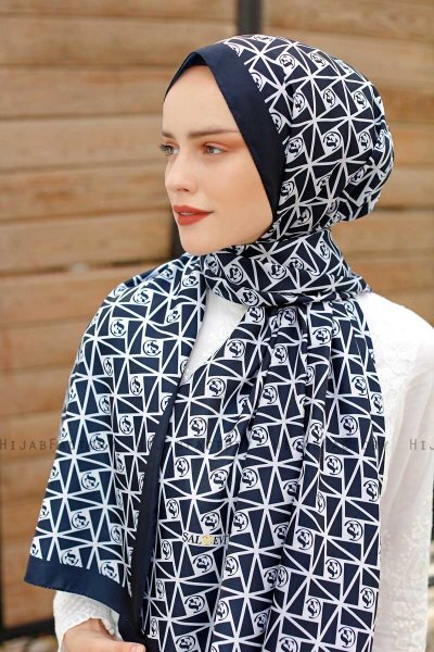 Navy Blue Patterned Twill Hijab - Sal Evi
