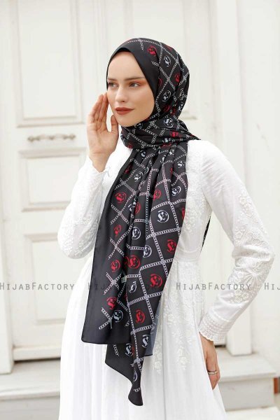 Red Patterned Twill Hijab - Sal Evi