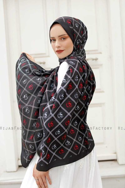 Red Patterned Twill Hijab - Sal Evi
