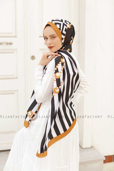 Yellow Pearl Patterned Twill Hijab - Sal Evi