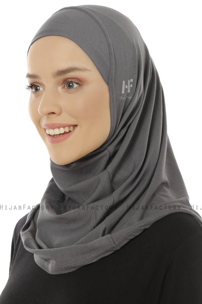 Hanfendy Plain Logo - Dark Grey One-Piece Hijab