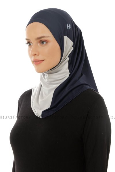 Esin - Navy Blue & Light Grey & Light Blue One-Piece Hijab