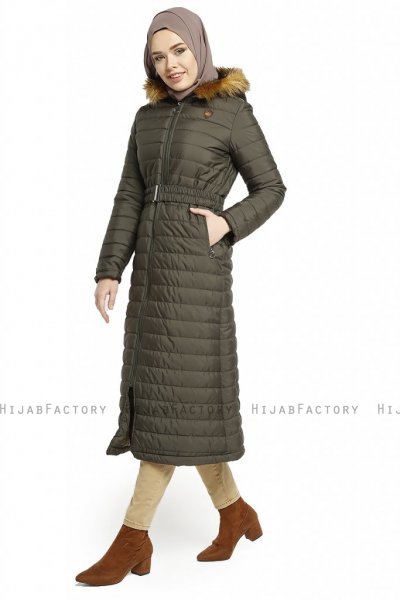 Yeliz - Khaki Long Jacket With Hood