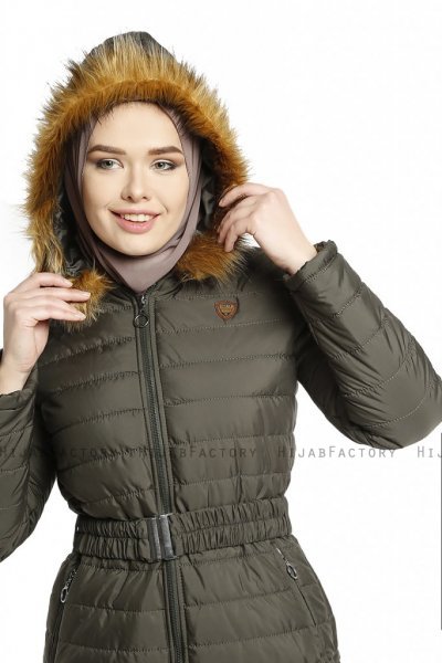 Yeliz - Khaki Long Jacket With Hood