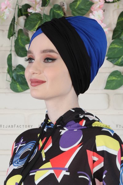 Fiona - Black & Blue Cotton Turban