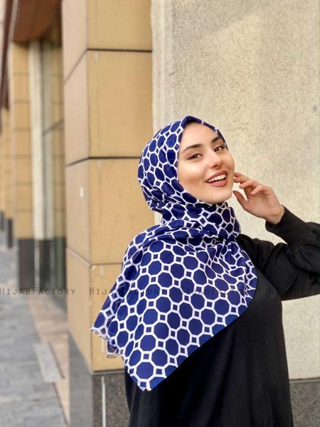 Atika - Navy Blue Patterned Cotton Hijab - Mirach