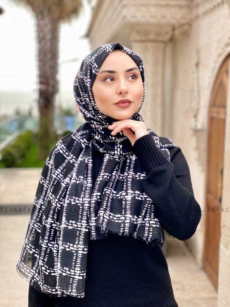 Ayah - Black Patterned Cotton Hijab - Mirach