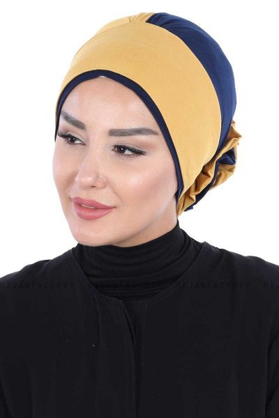 Clara - Mustard & Navy Blue Cotton Turban