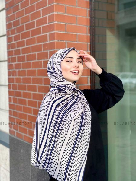 Dalal - Navy Blue & Creme Patterned Crepe Hijab