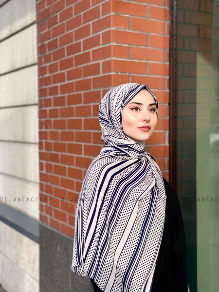 Dalal - Navy Blue & Creme Patterned Crepe Hijab