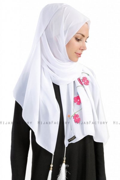 Damla Vit Hijab Sjal Med Blommor Madame Polo 130002-4