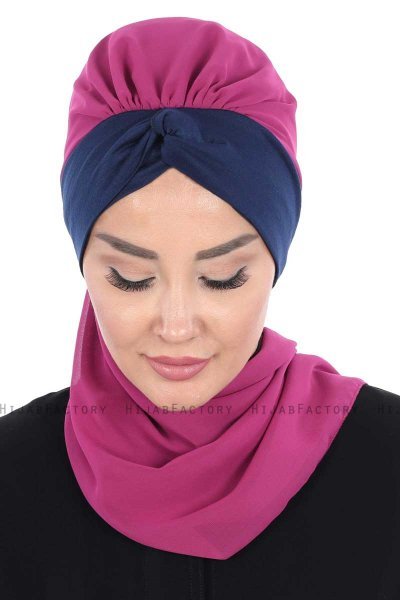 Gill - Fuchsia & Navy Blue Chiffon Turban