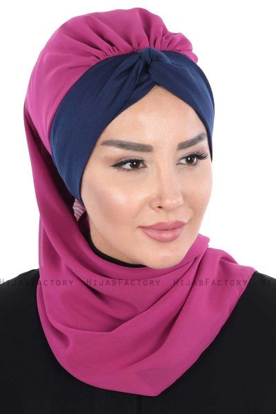 Gill - Fuchsia & Navy Blue Chiffon Turban