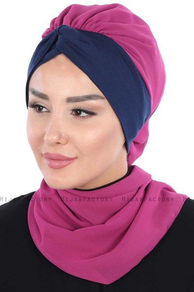 Gill - Fuchsia & Navy Blue Chiffon Turban