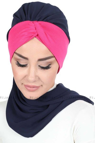 Gill - Navy Blue & Fuchsia Chiffon Turban