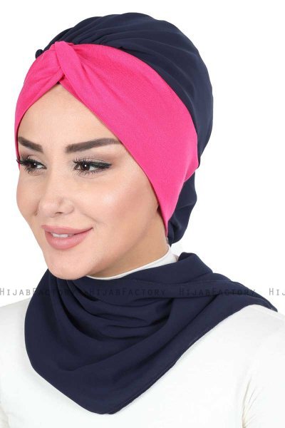 Gill - Navy Blue & Fuchsia Chiffon Turban