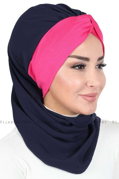 Gill - Navy Blue & Fuchsia Chiffon Turban