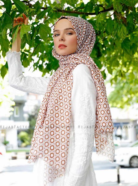 Isbah - Brown Patterned Hijab - Sal Evi