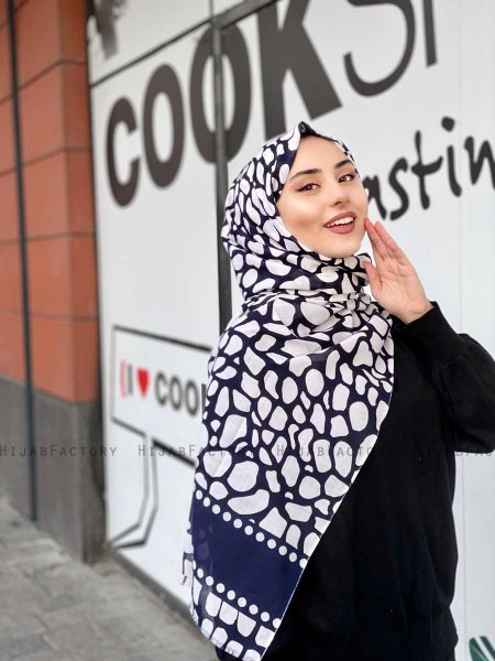 Iza - Navy Blue & White Patterned Cotton Hijab - Mirach