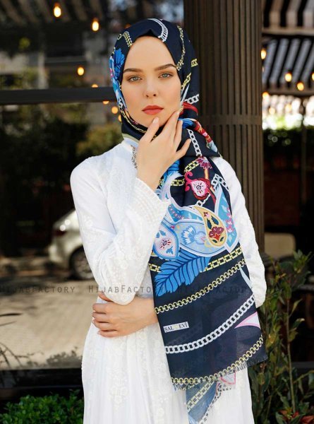 Jumana - Navy Blue Patterned Hijab - Sal Evi