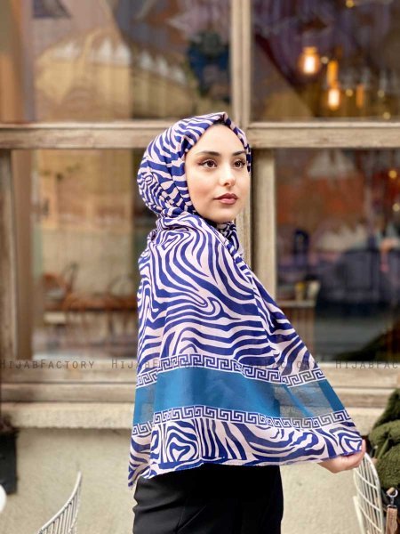 Kadifa - Navy Blue & Beige Patterned Cotton Hijab - Mirach