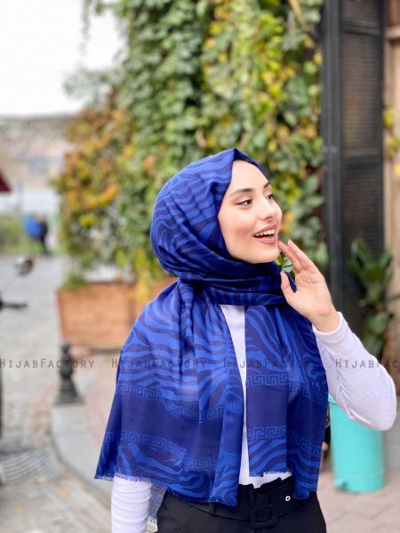 Kadifa - Navy Blue Patterned Cotton Hijab - Mirach