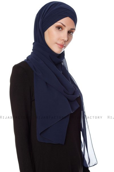 Mehtap - Navy Blue Practical One Piece Chiffon Hijab
