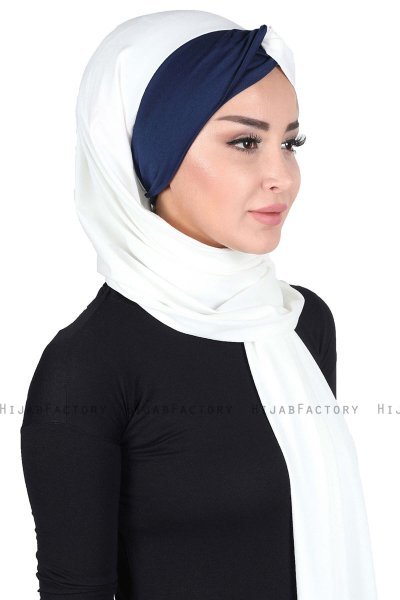 Mikaela - Creme & Navy Blue Practical Cotton Hijab