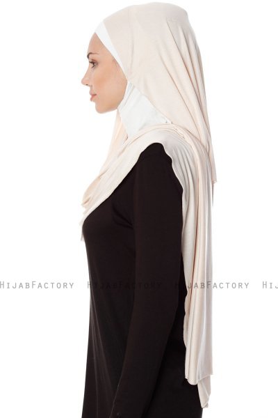 Naz - Light Beige & Creme Practical One Piece Hijab - Ecardin