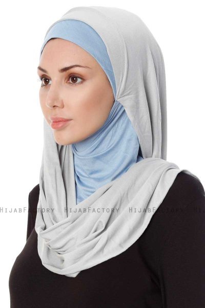 Naz - Light Grey & Light Blue Practical One Piece Hijab - Ecardin
