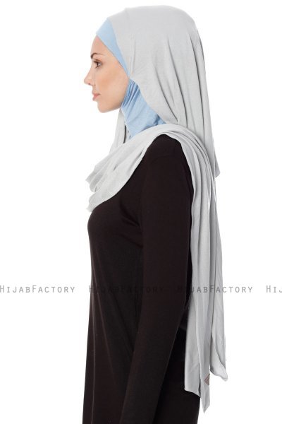 Naz - Light Grey & Light Blue Practical One Piece Hijab - Ecardin