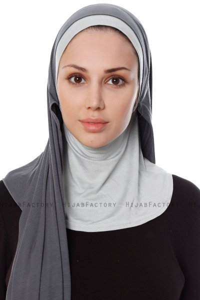 Naz - Dark Grey & Light Grey Practical One Piece Hijab - Ecardin