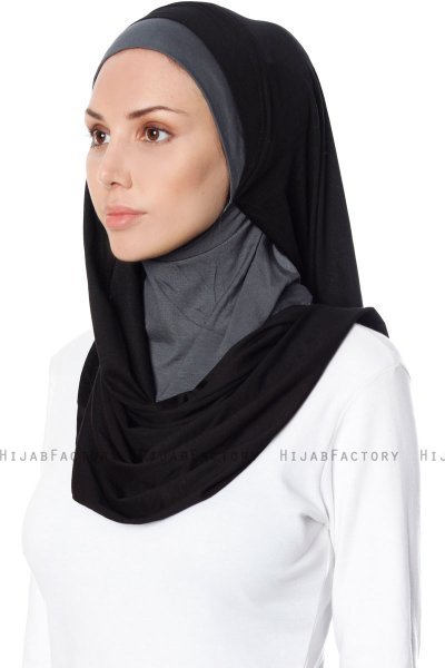 Naz - Black & Dark Grey Practical One Piece Hijab - Ecardin