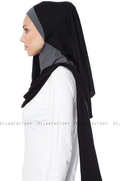 Naz - Black & Dark Grey Practical One Piece Hijab - Ecardin