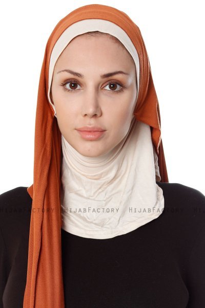 Naz - Brick Red & Light Beige Practical One Piece Hijab - Ecardin