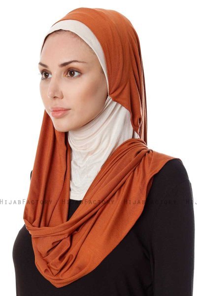 Naz - Brick Red & Light Beige Practical One Piece Hijab - Ecardin