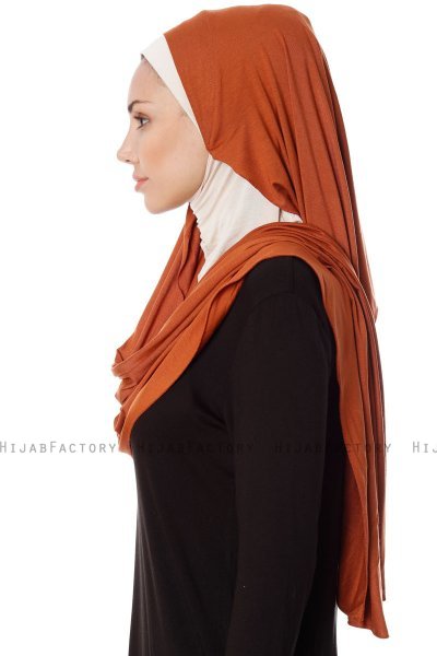 Naz - Brick Red & Light Beige Practical One Piece Hijab - Ecardin