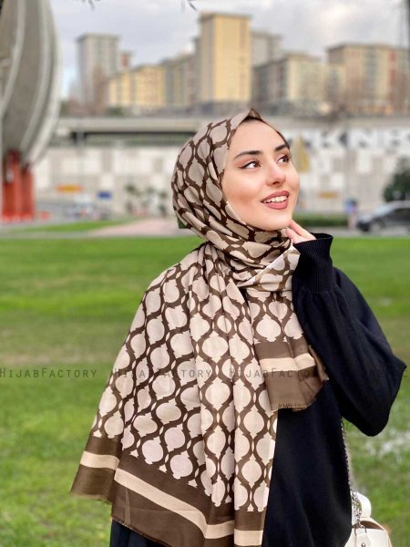 Nona - Brown Patterned Cotton Hijab - Mirach