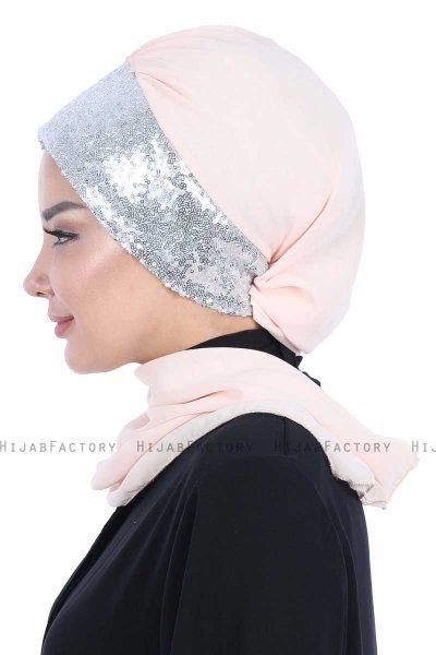 Olga - Beige & Silver Chiffon Turban