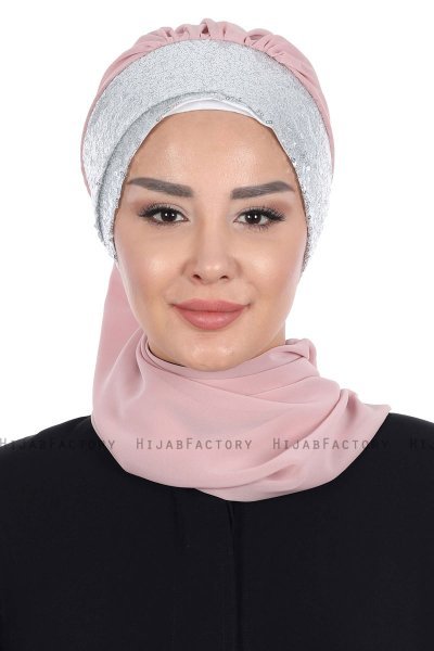 Olga - Dusty Pink & Silver Chiffon Turban