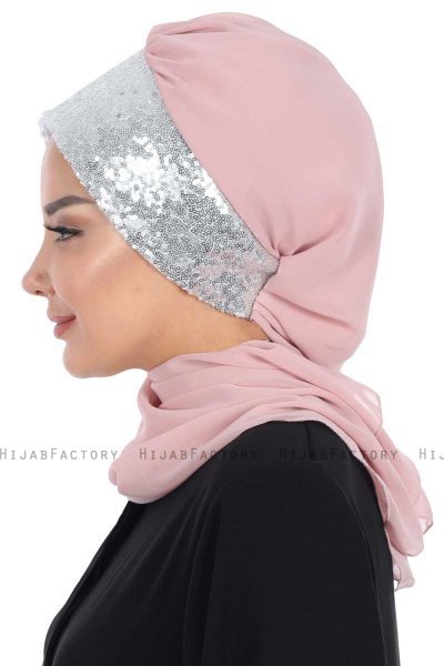 Olga - Dusty Pink & Silver Chiffon Turban