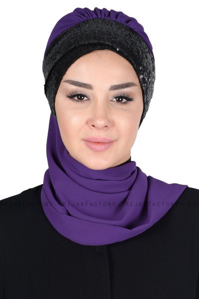 Olga - Purple & Black Chiffon Turban