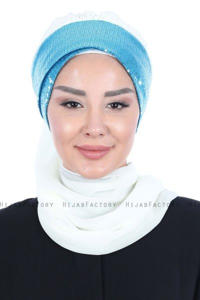 Olga - Offwhite & Blue Chiffon Turban