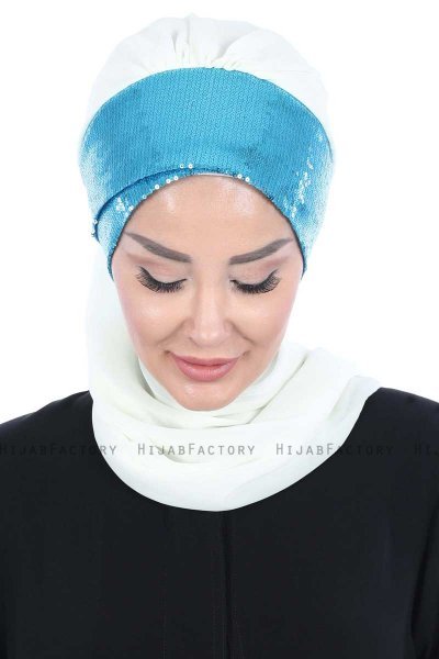 Olga - Offwhite & Blue Chiffon Turban