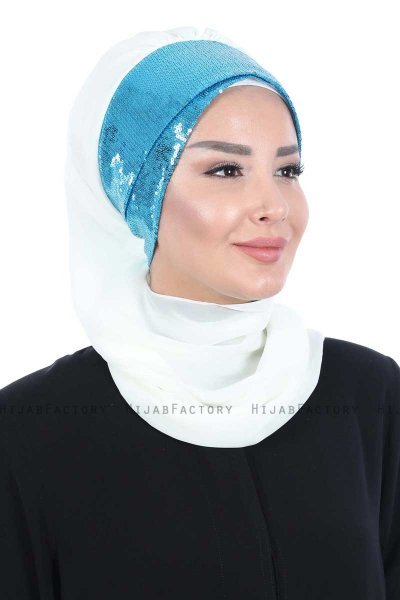 Olga - Offwhite & Blue Chiffon Turban